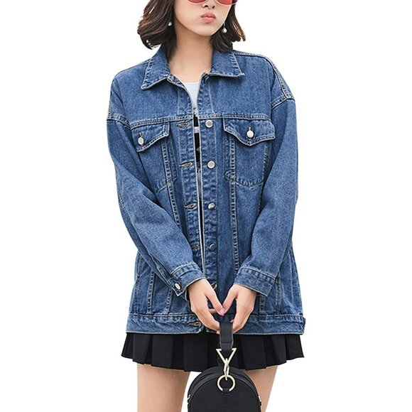 Women's Oversized Mid Long Denim Jacket Jean Biker Coat Long Sleeves Dark Blue - Picture 2 of 9